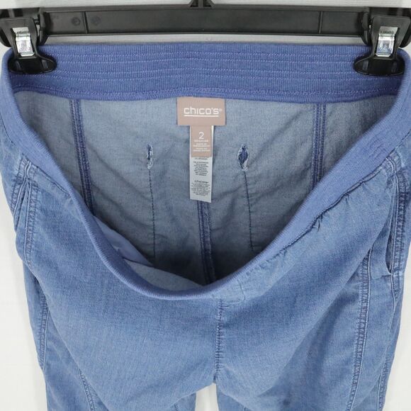 Chicos Pants 2 Womens Large Blue Chambray Pull On Elastic Waist Roll Tab Cuffs - Picture 13 of 14